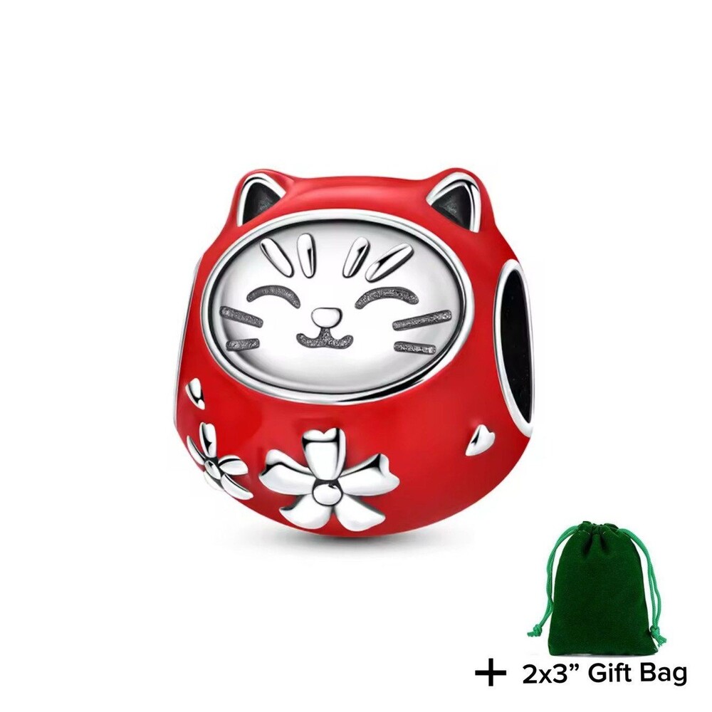 Lucky Red Daruma Cat Charm Bead | 925 Silver | Brand New